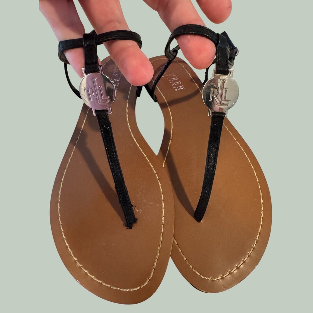 Lauren Ralph Lauren Black Leather T-Strap Thong Sandals Silver RL Logo 7.5B‎